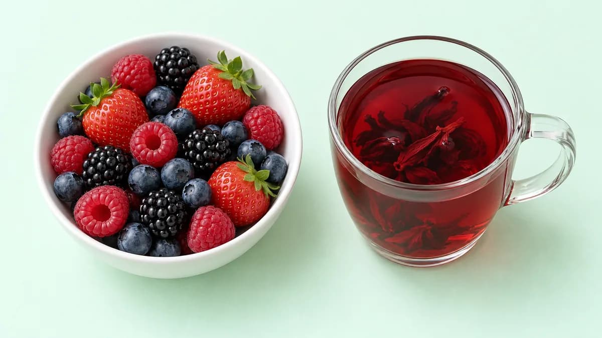 Mixed berries and hibiscus tea on a light green background