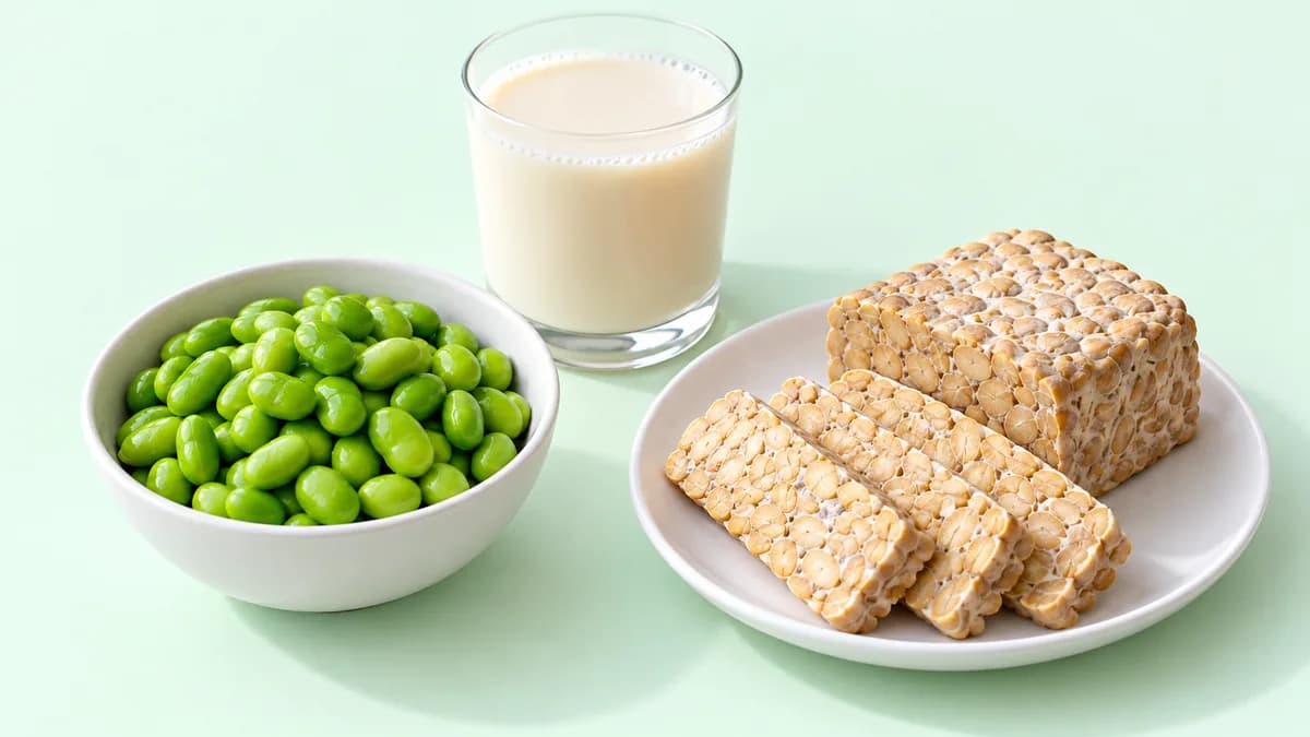 Edamame, sliced tempeh, and soy milk