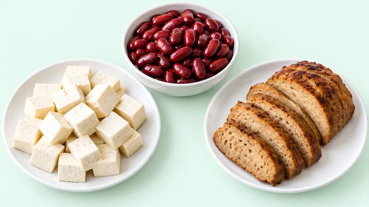 Tofu, cooked kidney beans, and sliced seitan